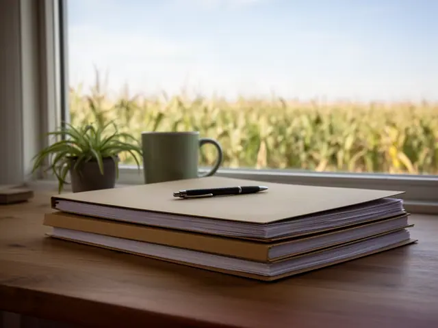 A neat stack of closed manila folders and a pen on a desk by a window.