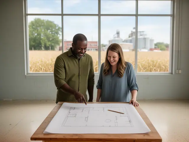 Two business partners looking over a pencil floor sketch in an empty storefront.