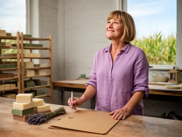 A woman with a short sandy bob at a work table with a closed folder in a small handmade-soap shop.